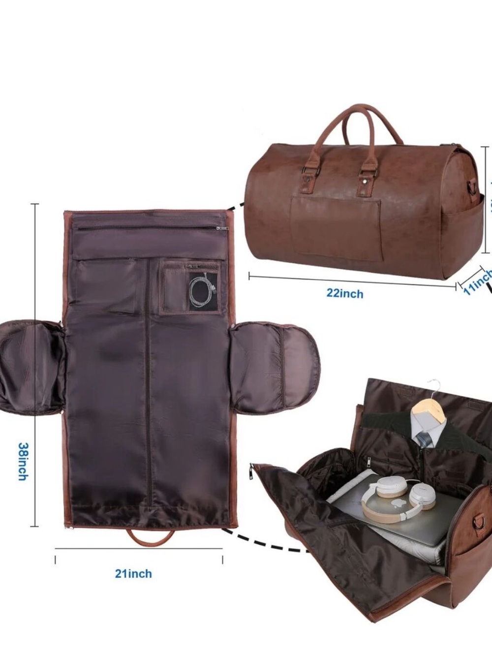 Classic Brown Leather Duffel Garment Bag for Men - Picture 2 of 10